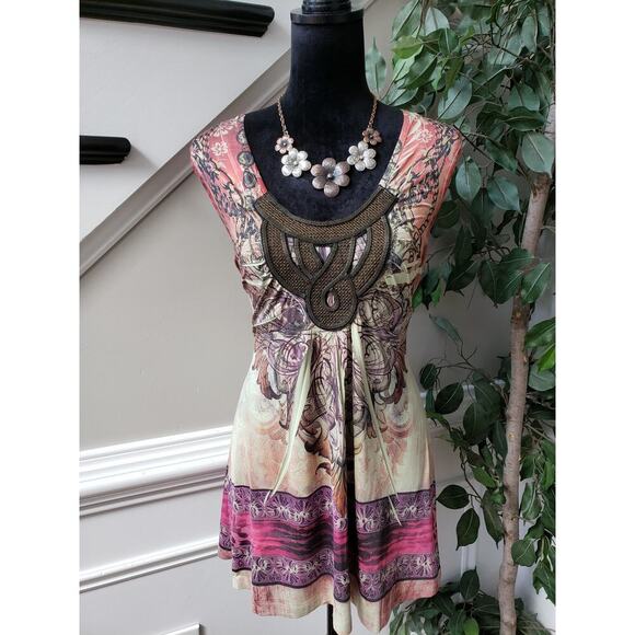One World Top Blouse Womens Medium Multi Geo Print Sleeveless Lace Scoop Neck - Picture 1 of 12